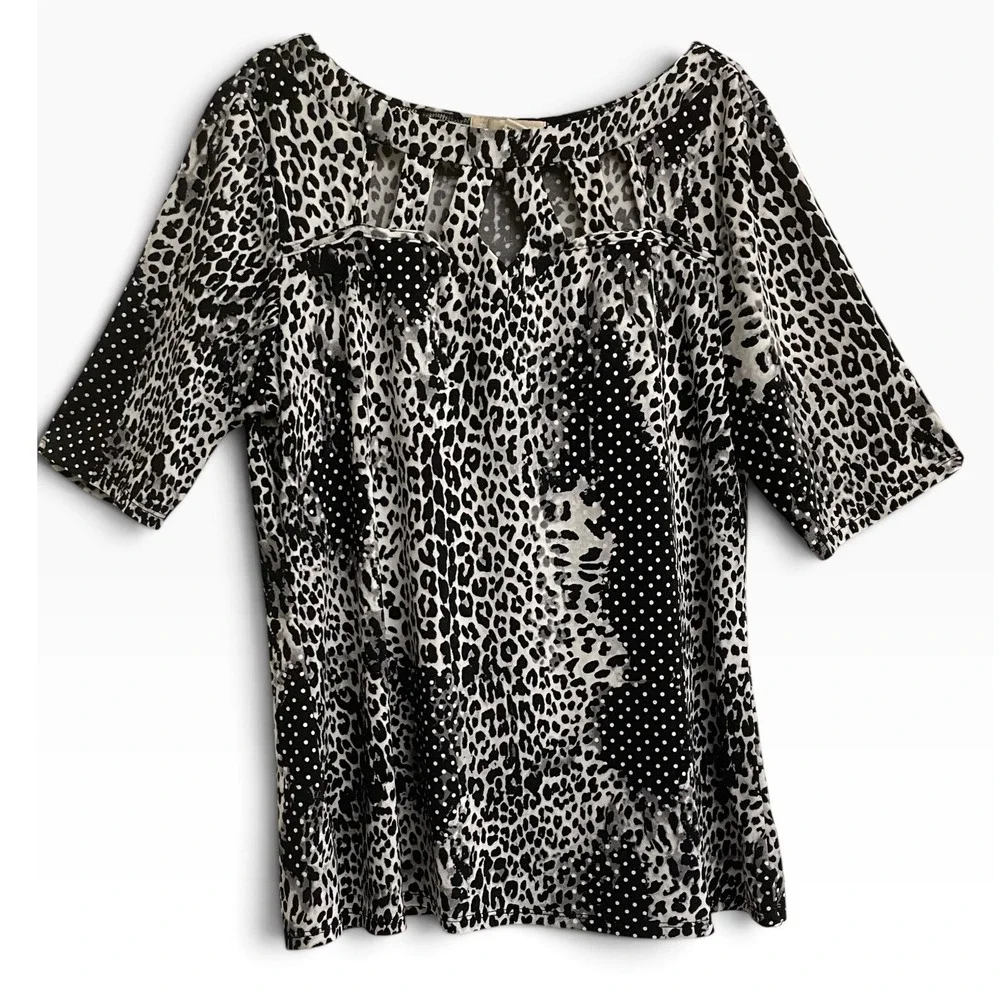 Diana Belle Mixed Print Top Women Large Black White Leopard Polka Dot